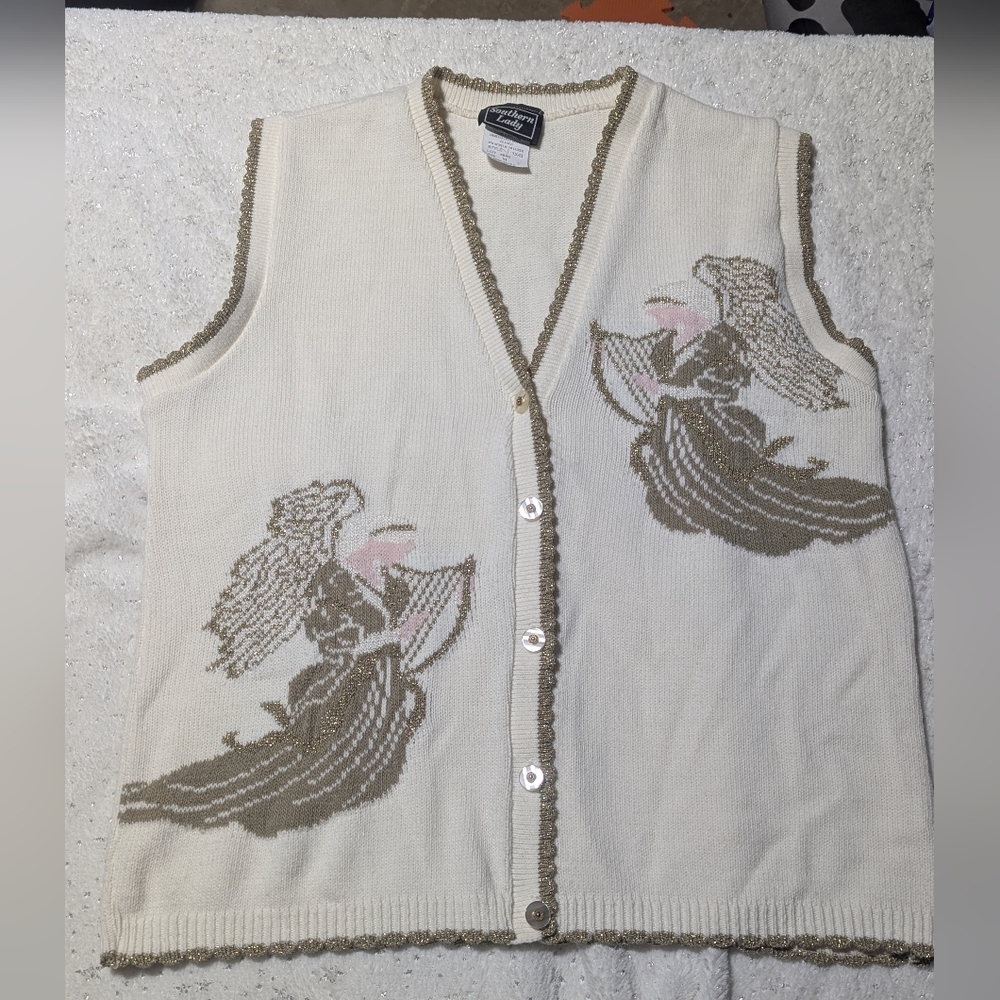 Vintage Southern Lady Angel Sweater Vest Gold Trim M